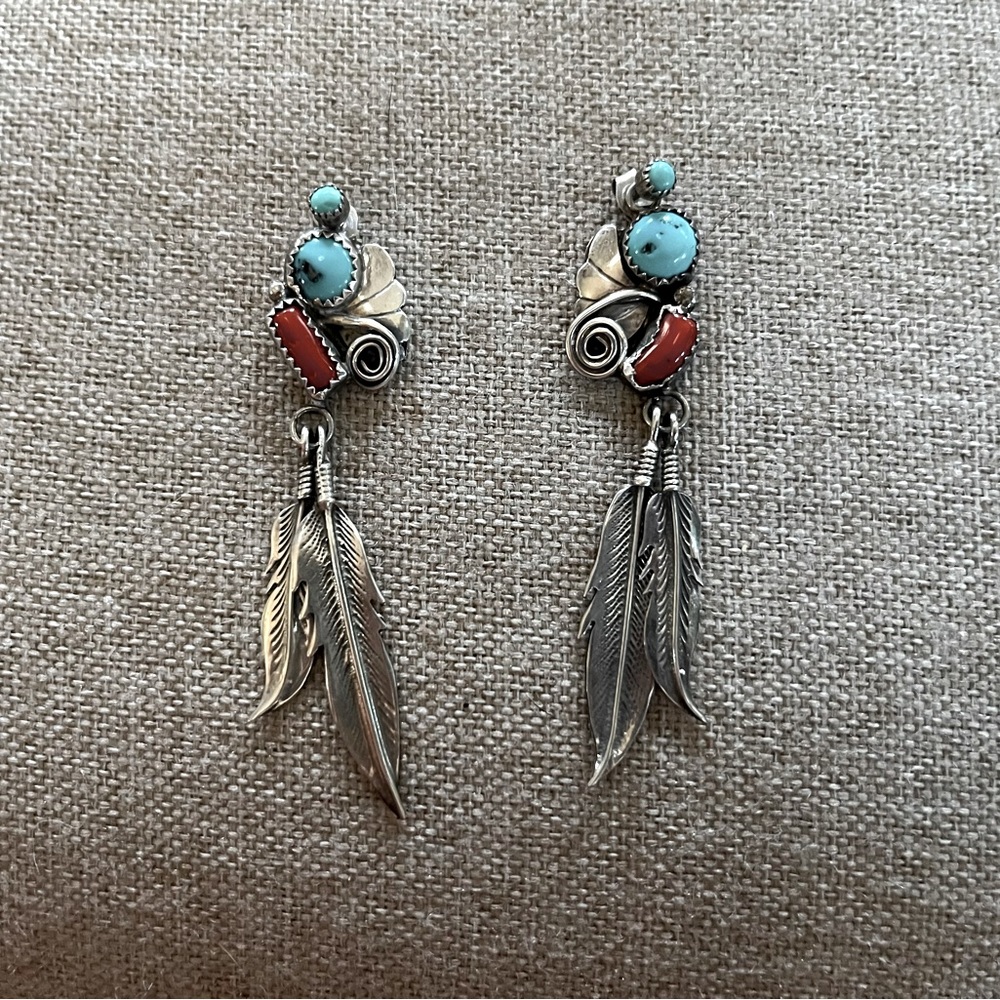 Vintage Native American turquoise and red coral sterling silver earrings.
